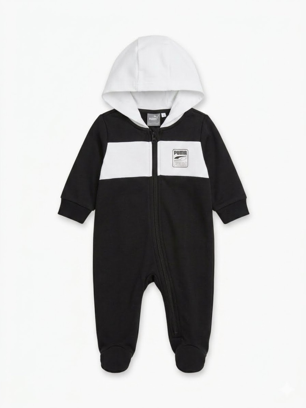 PUMA Baby Hooded Zip-Up Coverall One-Piece Black & White | 6-9 Months